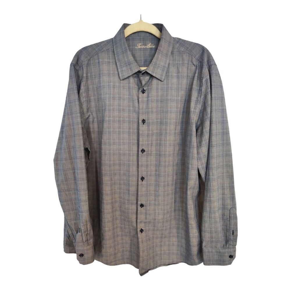 Tasso Elba Mens Shirt Size XL Blue Check Plaid Polo EUC